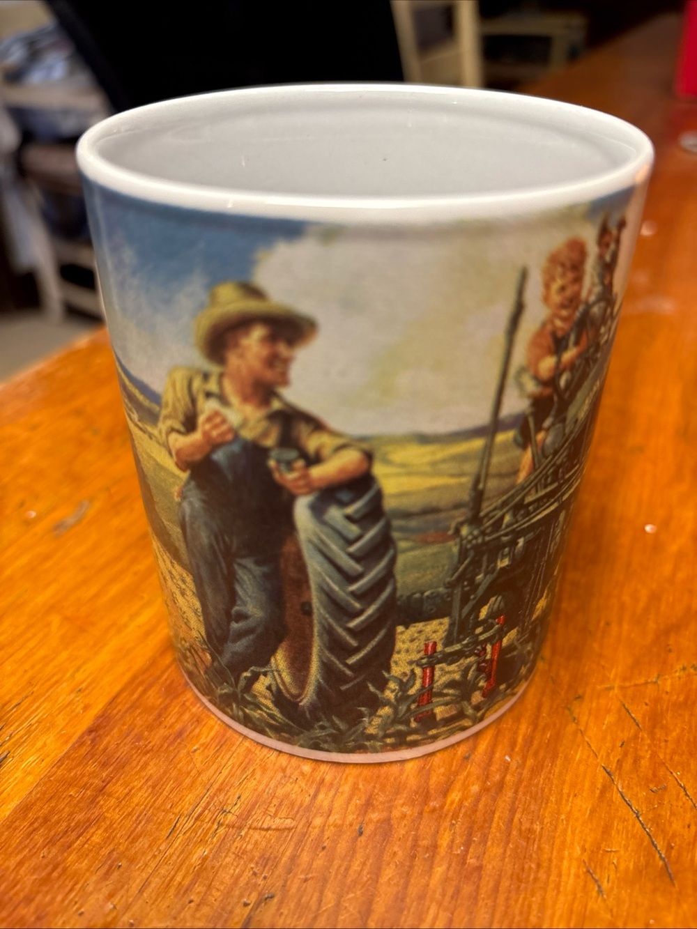 VTG John Deere White Ceramic Farm Scene Coffee Mug with Rural Artwork